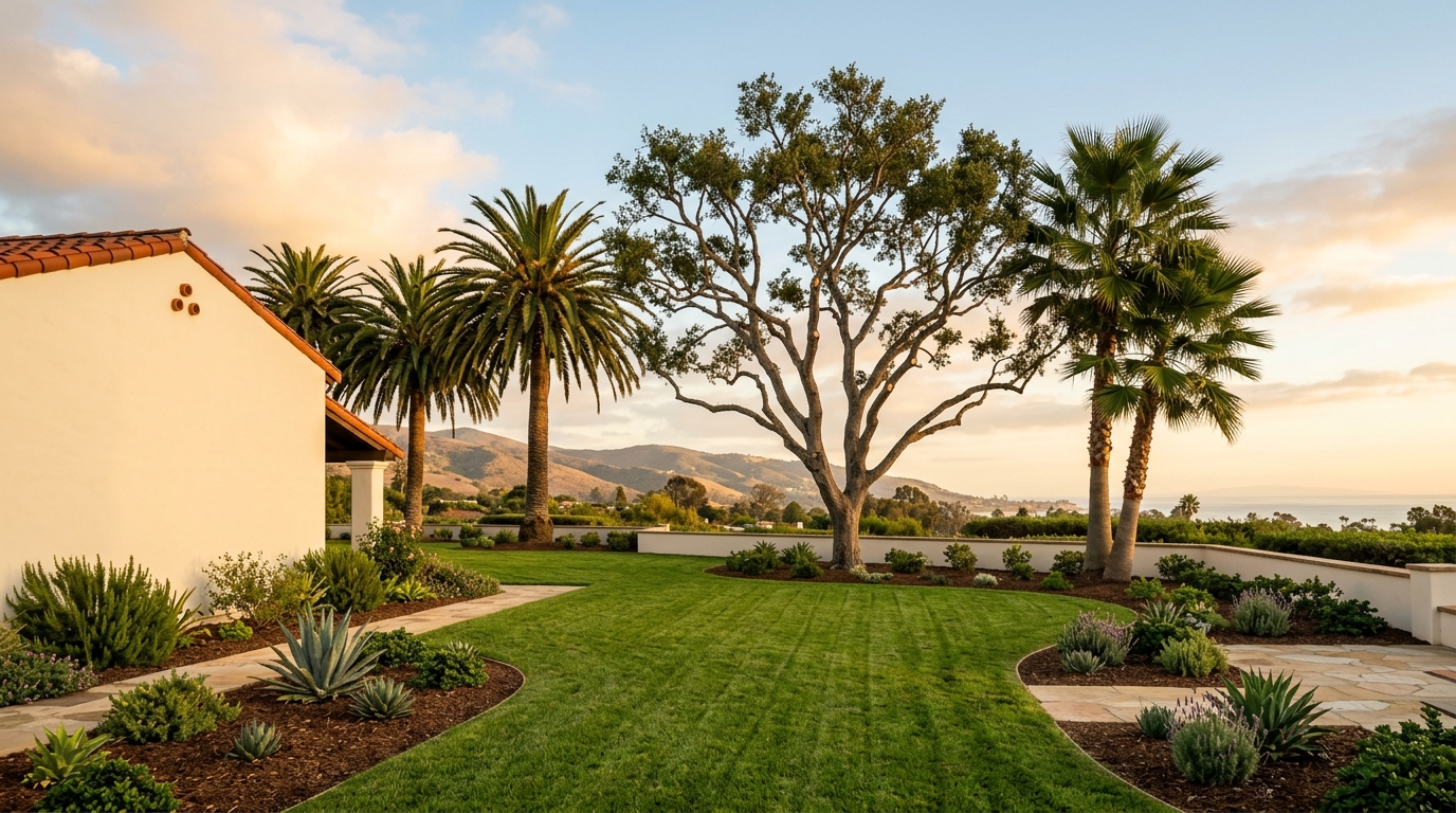Oak over a yard with the ocean beyond