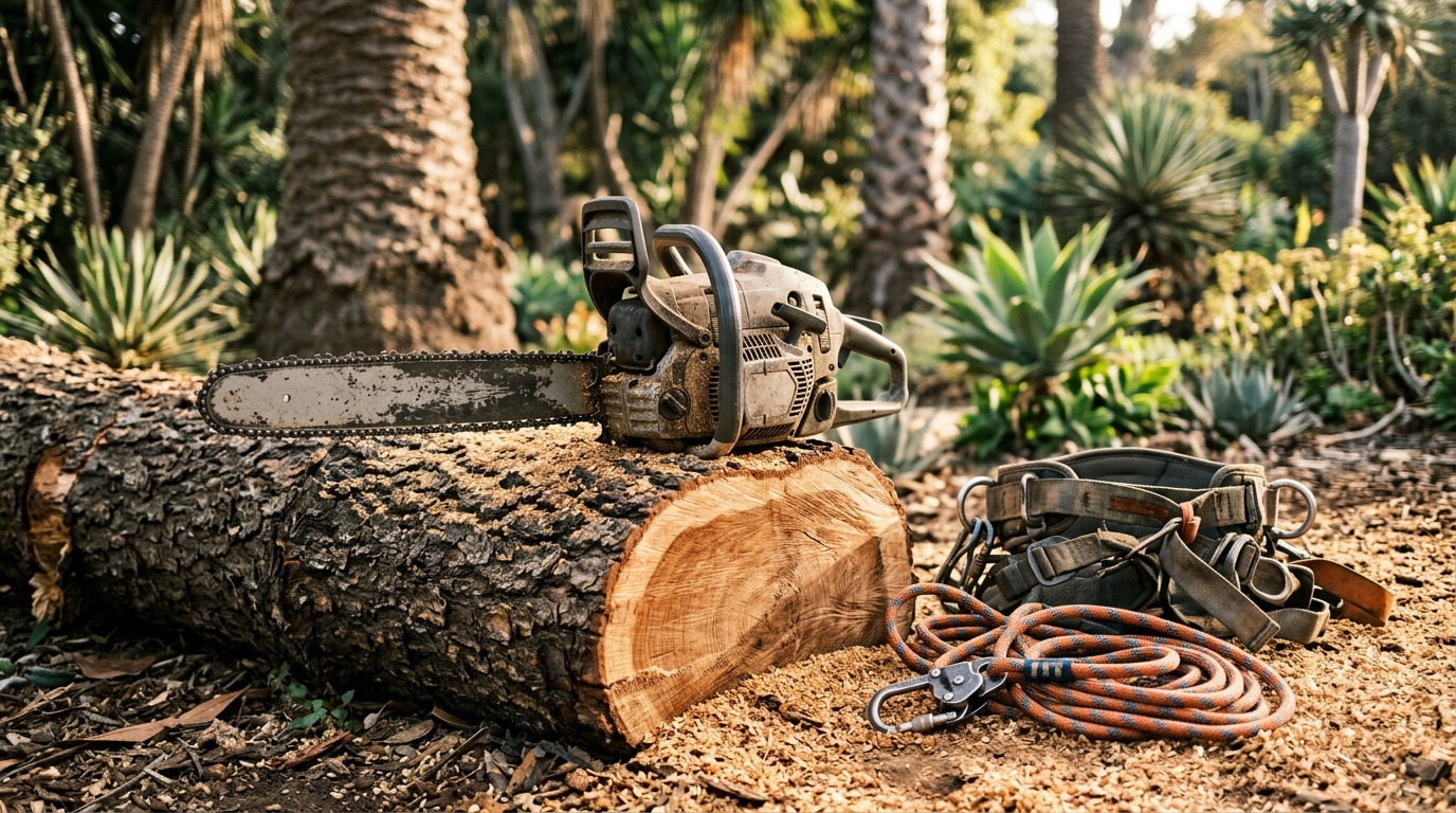 Chainsaw and climbing rope on a fresh oak log
