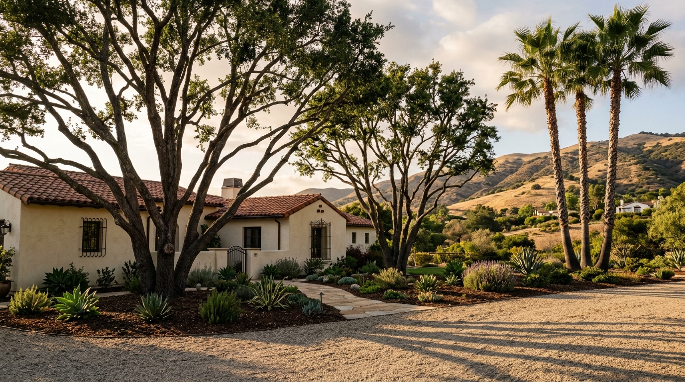 A cleanly trimmed coast live oak over a Santa Barbara yard