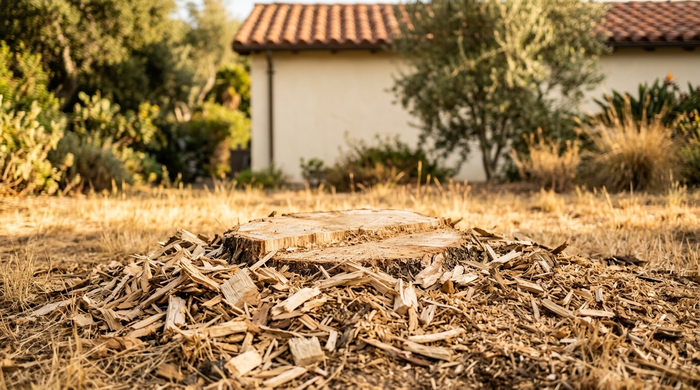 Freshly ground oak stump with wood chips