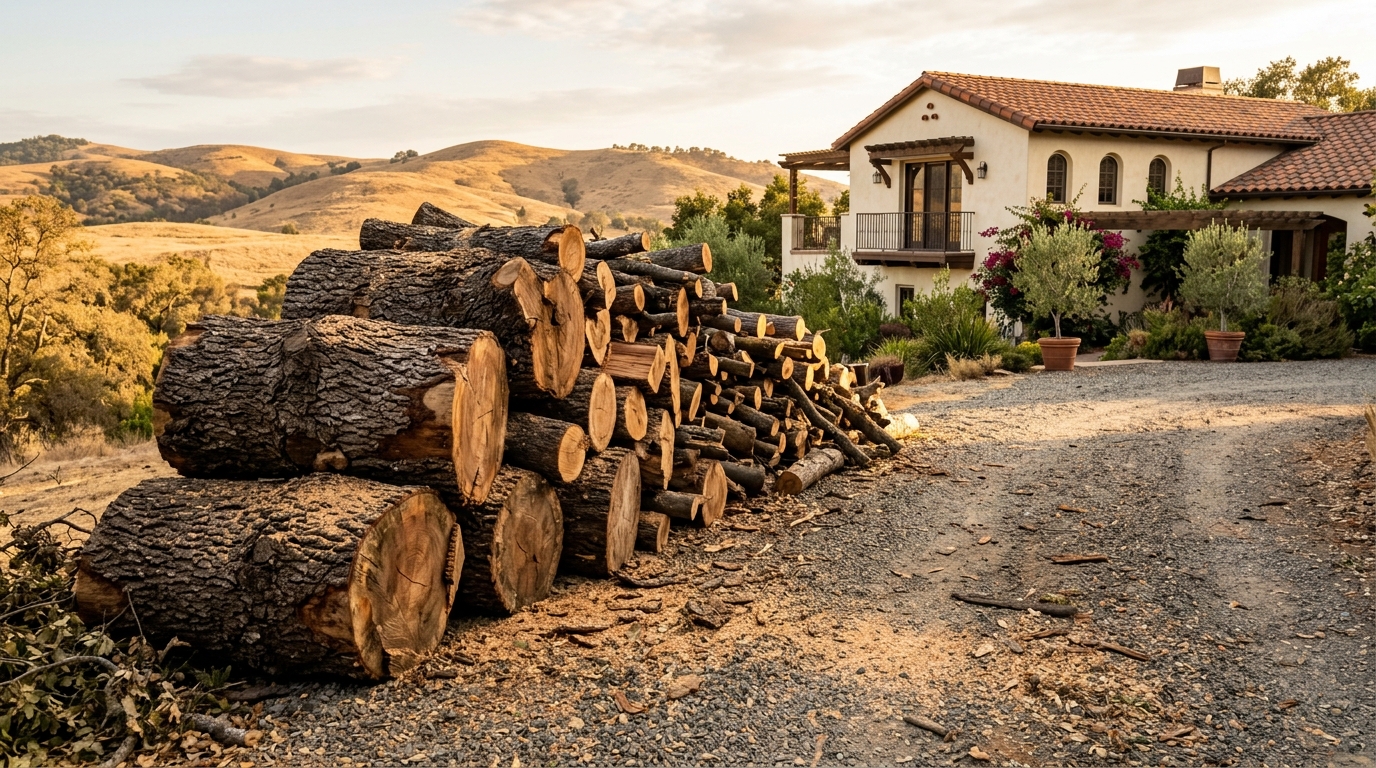 Stacked oak logs on a driveway after a removal