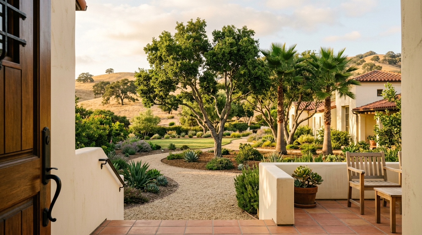 Patio cleared under oak and palms